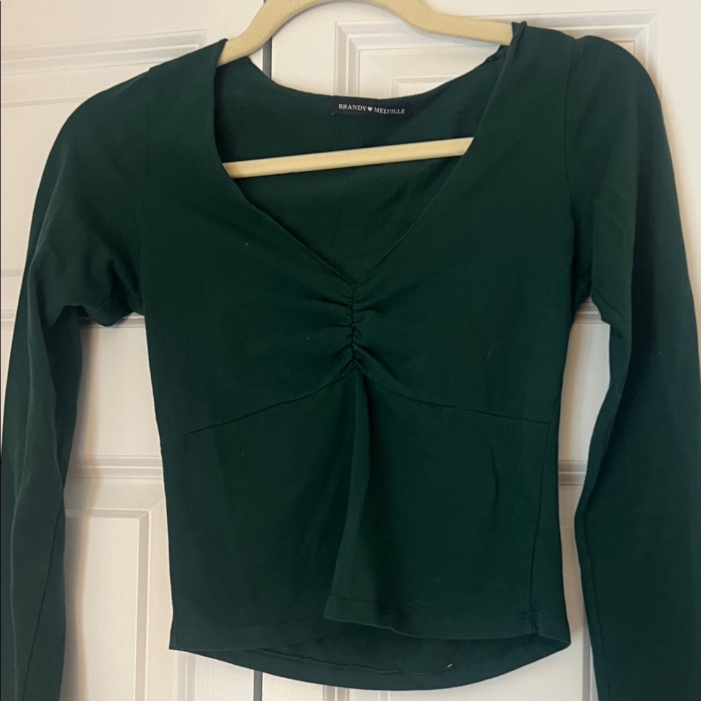 Brandy Melville Forest Green Long Sleeve V-Neck Ruched Top